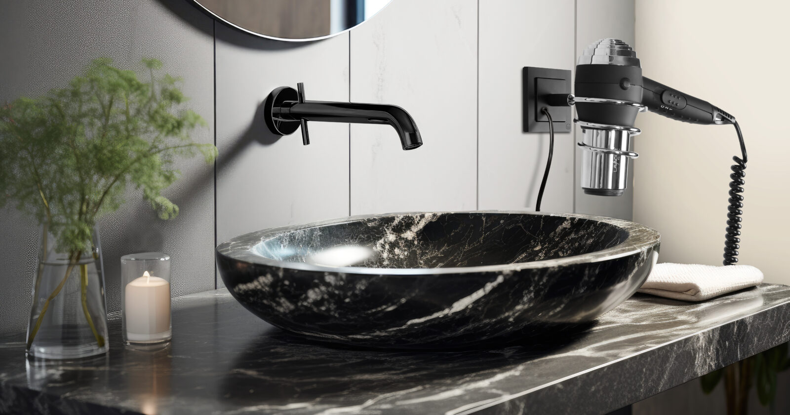 A stylish bathroom sink featuring a sleek black marble bowl, add