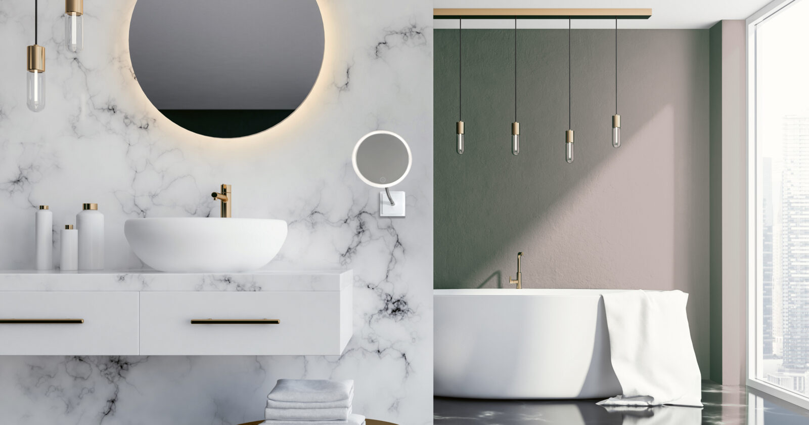 White marble and dark green loft bathroom with a sink, a round mirror and a tub near a loft window. A close up 3d rendering